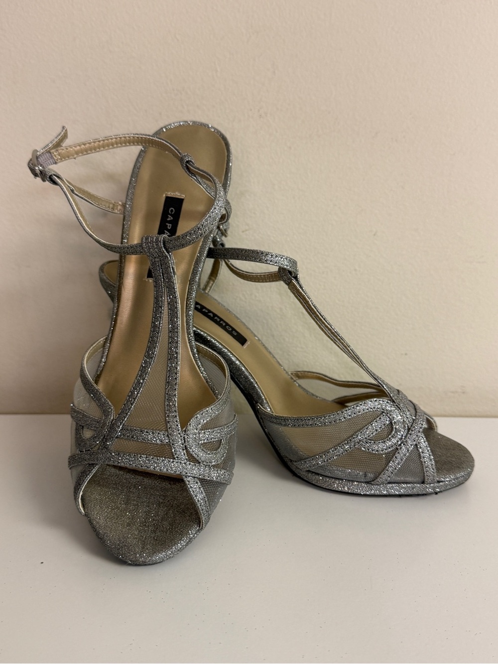 Caparros: Women's Silver Glitter Mesh T-Strap Evening Heels Sandals, Size 7.5
